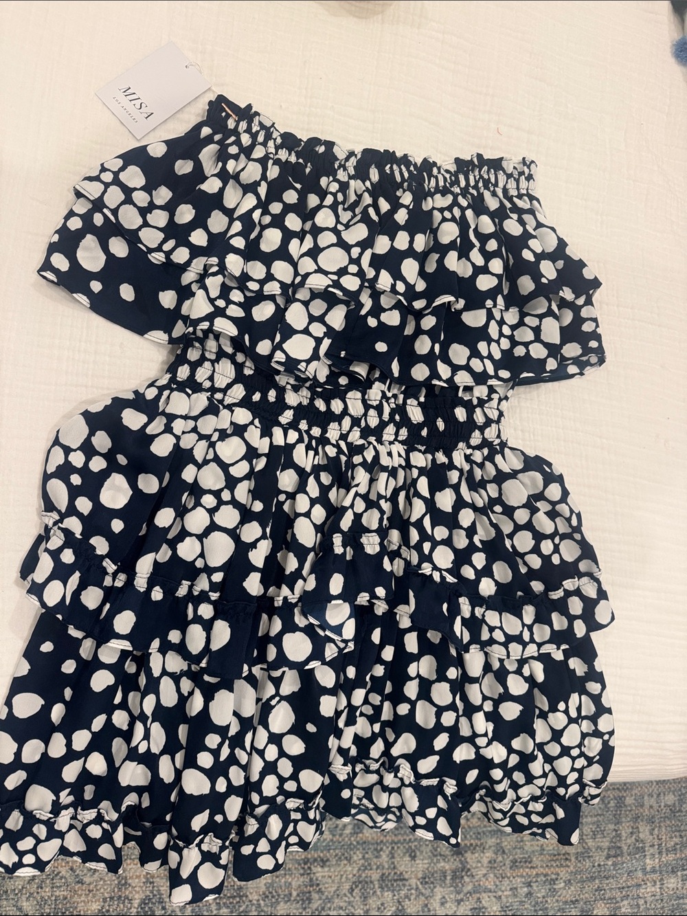 Misa Los Angeles Black and White Off-Shoulder Ruffle Mini Dress